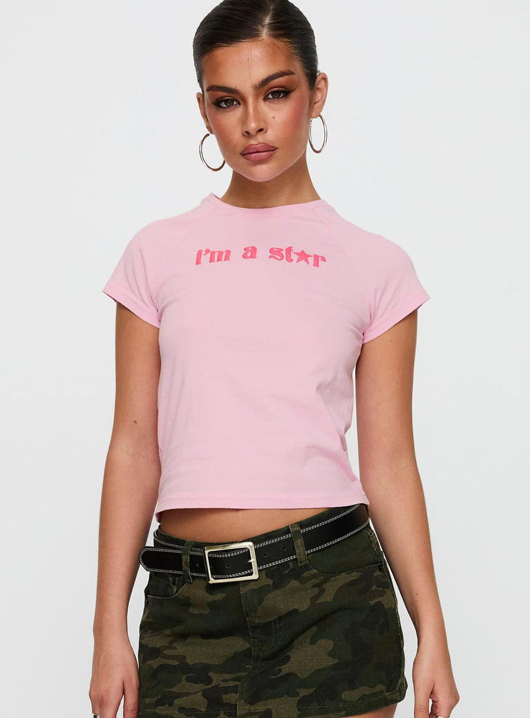 front view of model wearing Princess Polly I'm A Star Graphic Top Pink Short Sleeves Crew Neck 