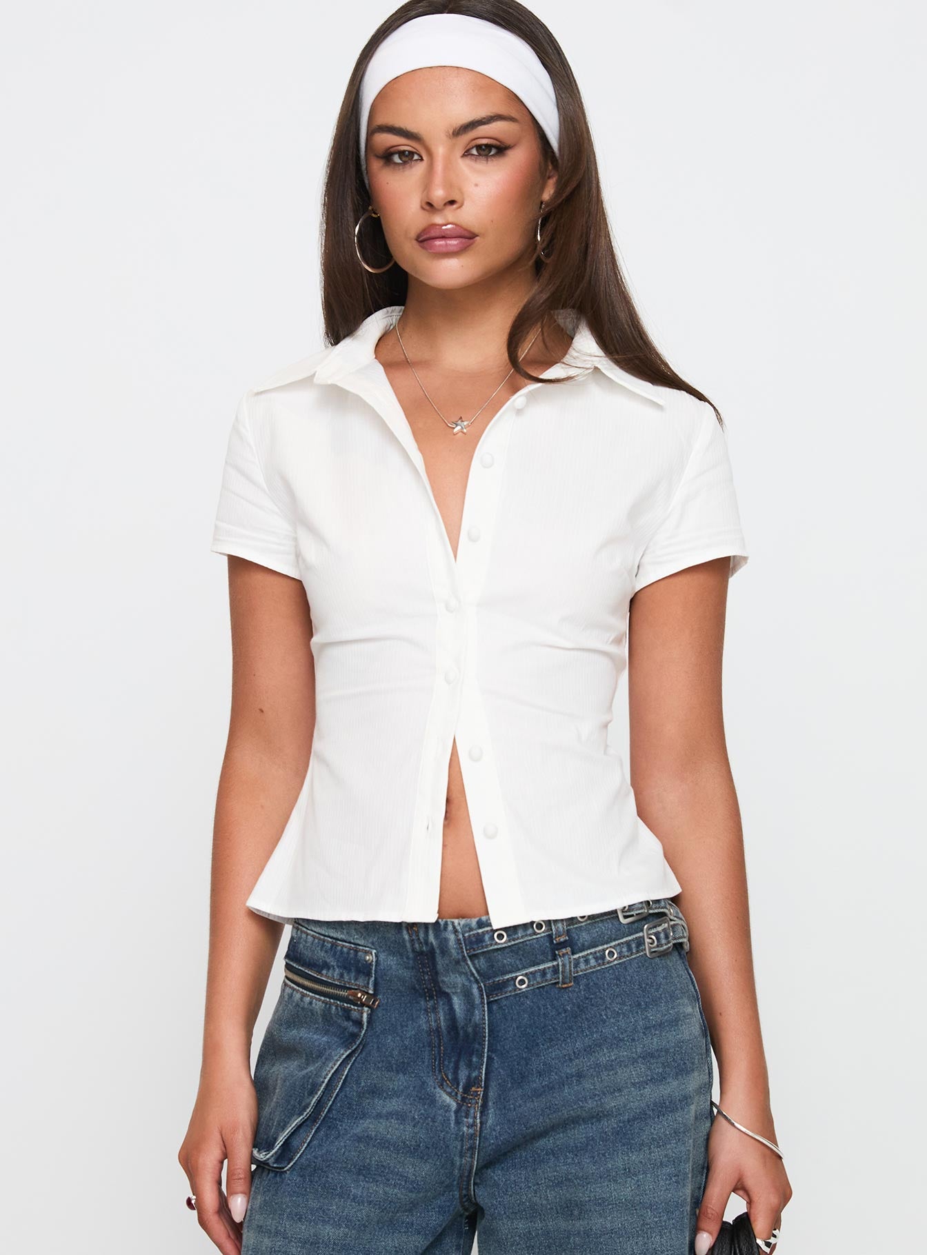 front view of model wearing Princess Polly Lift Off Button Up Top White Short Sleeves V-Neck 