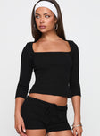 So American Rib 3/4 Sleeve Top Black