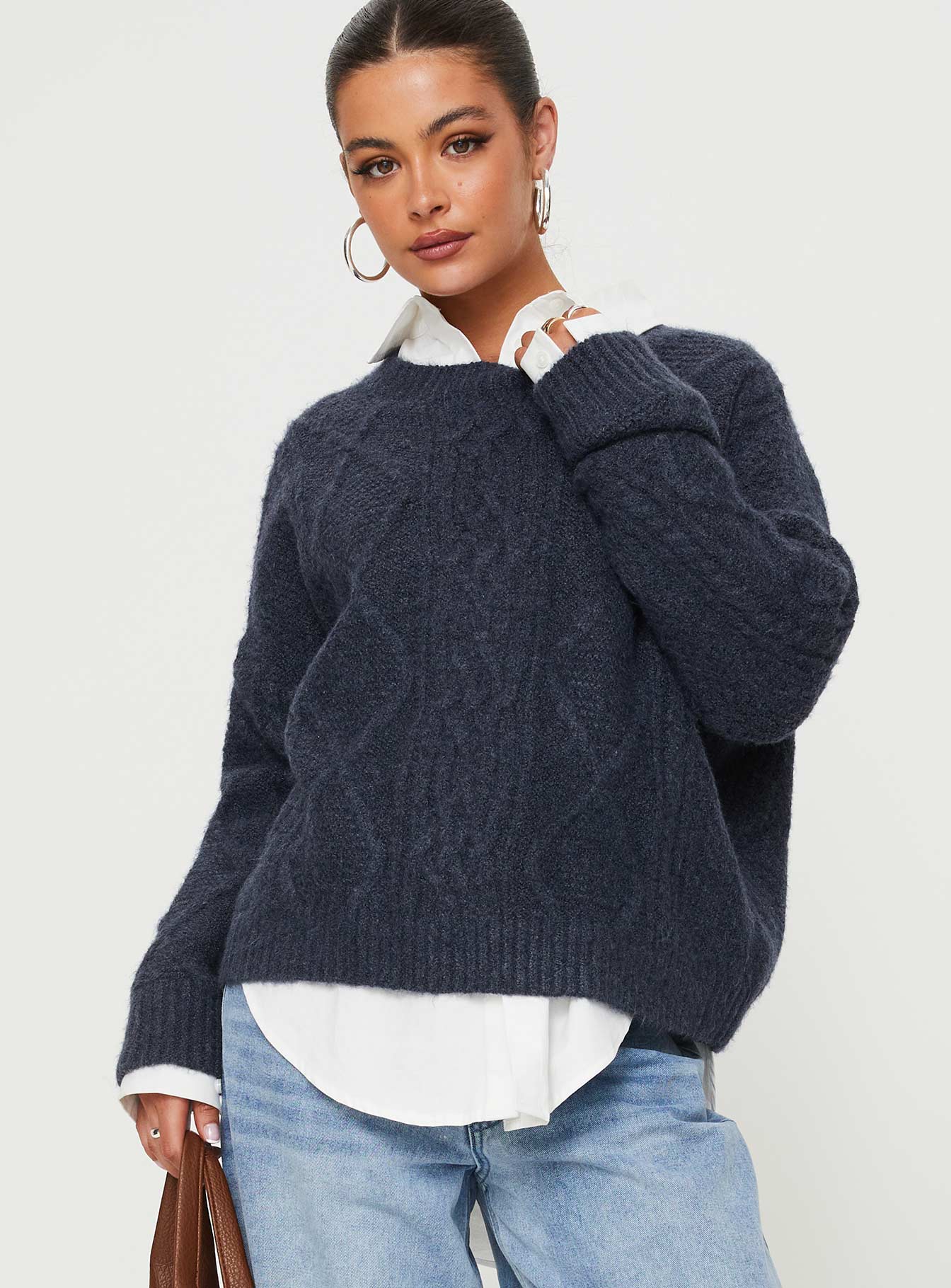 front view of model wearing Princess Polly Canlish Cable Knit Sweater Navy Cropped 