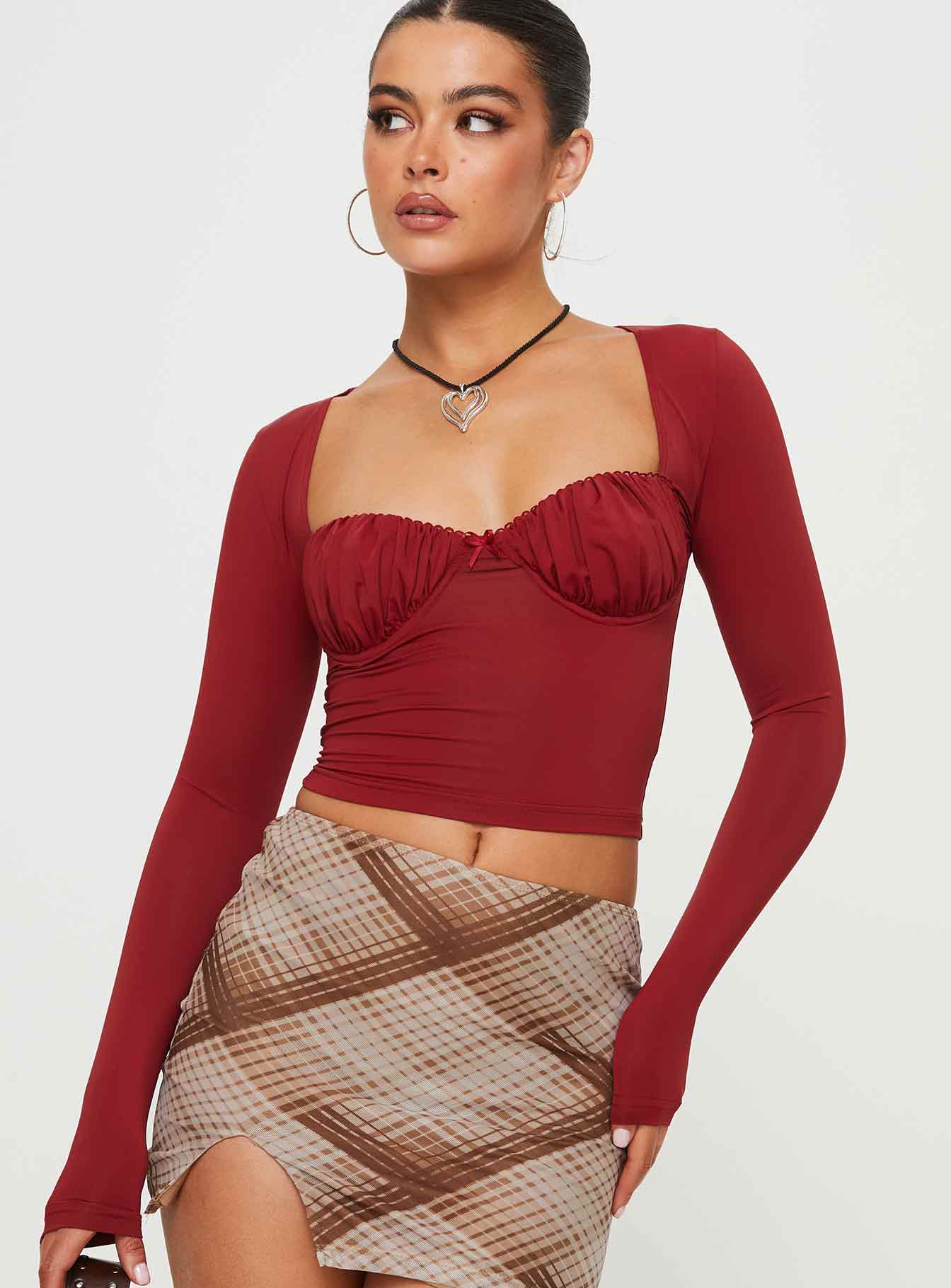 product Princess Polly Full Sleeves Scoop Neck  Candyce Long Sleeve Top Burgundy