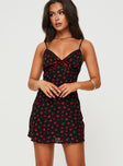 front view of model wearing Princess Polly Karena Mini Dress Black / Red Floral Plunger 