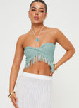 front view of model wearing Princess Polly Kovac Reversible Fringe Tube Top Blue Sleeveless Sweetheart 