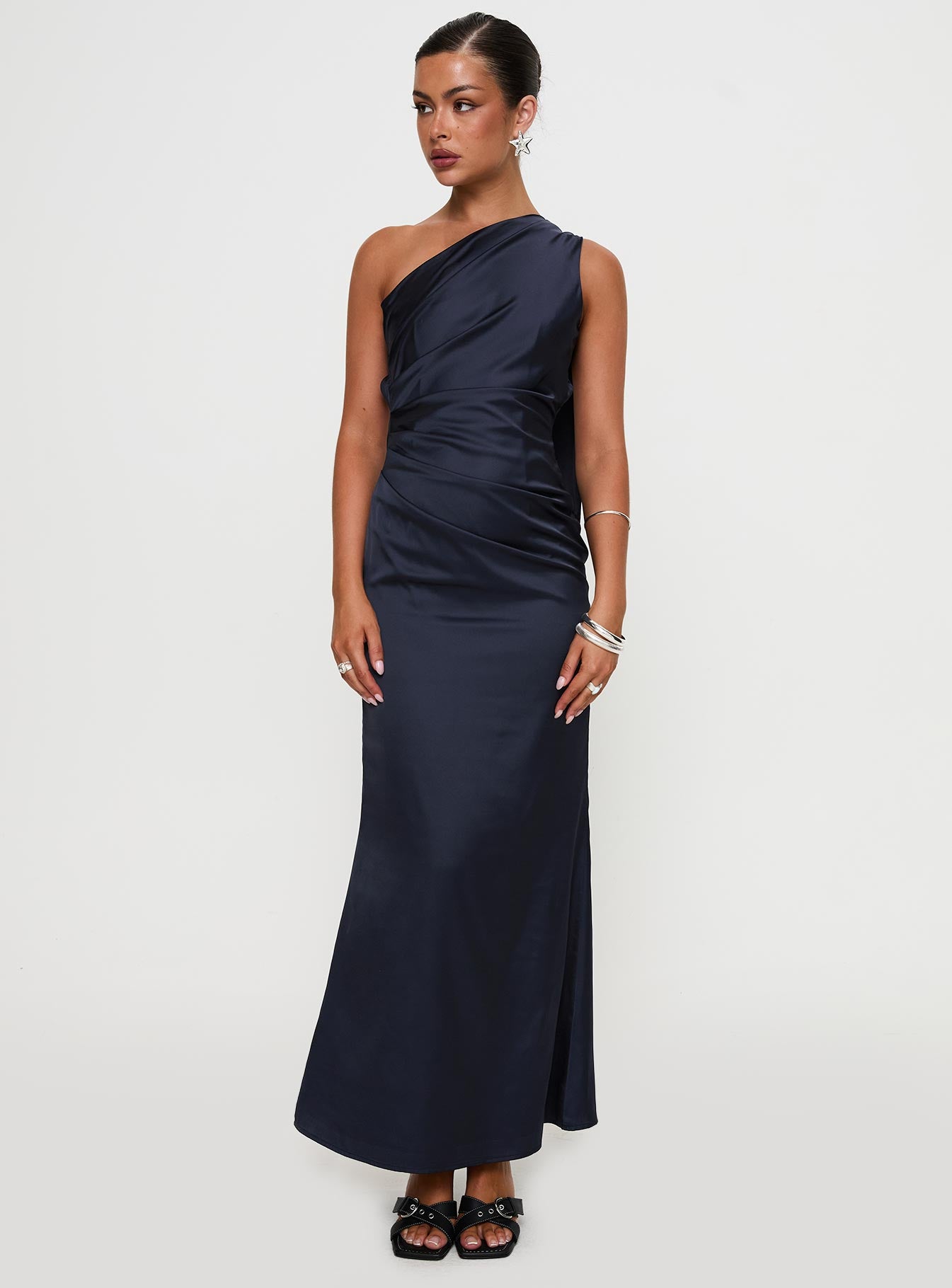 front view of model wearing Princess Polly Dulcia One Shoulder Maxi Dress Blue Asymmetric Neckline 