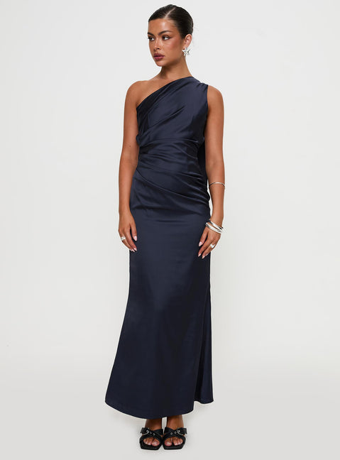 front view of model wearing Princess Polly Dulcia One Shoulder Maxi Dress Blue Asymmetric Neckline 