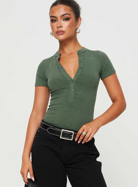 front view of model wearing Princess Polly Kandis Bodysuit Green Short Sleeves Crew Neck 