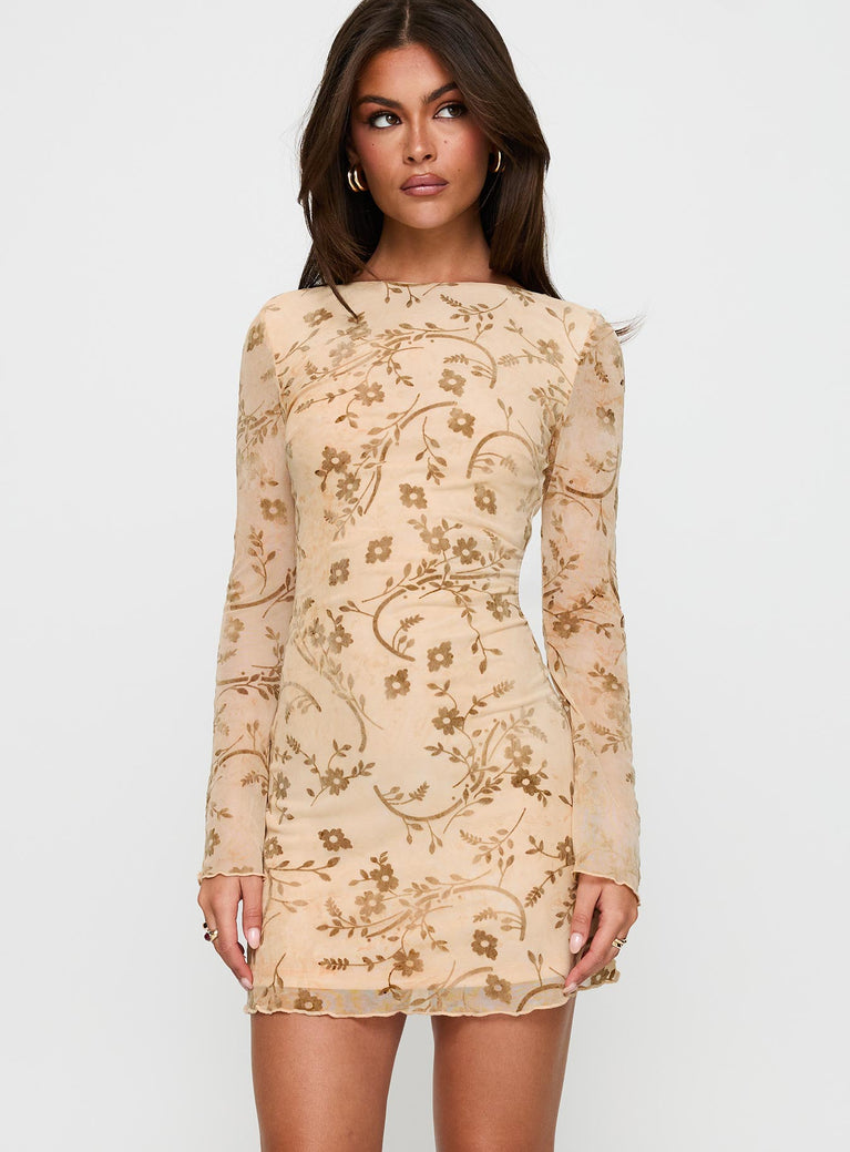 front view of model wearing Princess Polly Folklore Long Sleeve Mini Dress Cream Crew Neck 