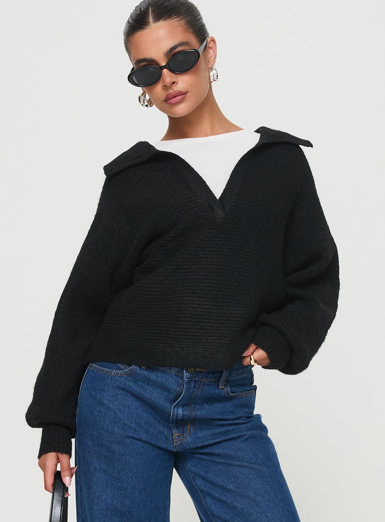 front view of model wearing Princess Polly Bella Notched Neck Sweater Black Cropped 