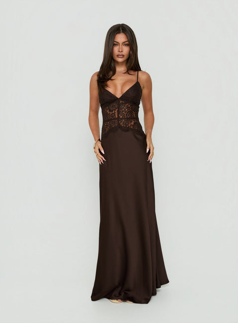 Kylenn Lace Panel Satin Maxi Dress Chocolate