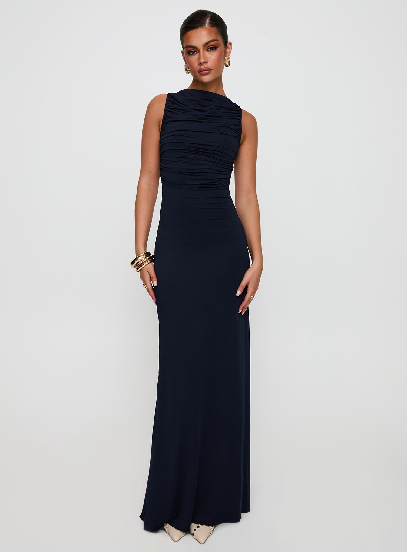 front view of model wearing Princess Polly Undeniable Cut Out Maxi Dress Navy High Neck 