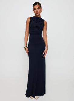 front view of model wearing Princess Polly Undeniable Cut Out Maxi Dress Navy High Neck 