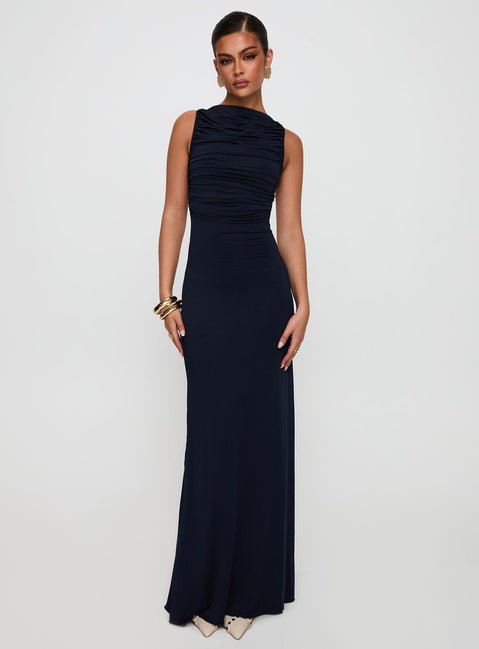front view of model wearing Princess Polly Undeniable Cut Out Maxi Dress Navy High Neck 