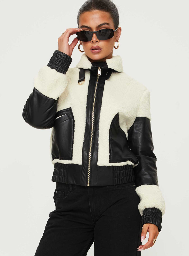 Rachale Faux Leather Shearling Jacket Black / Cream