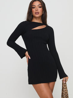 front view of model wearing Princess Polly Cookson Mini Dress Black High Neck 