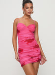 front view of model wearing Princess Polly Stevens Mini Dress Pink Floral Sweetheart Neckline 