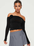 front view of model wearing Princess Polly Simonetta Off The Shoulder Top Black Full Sleeves straight 