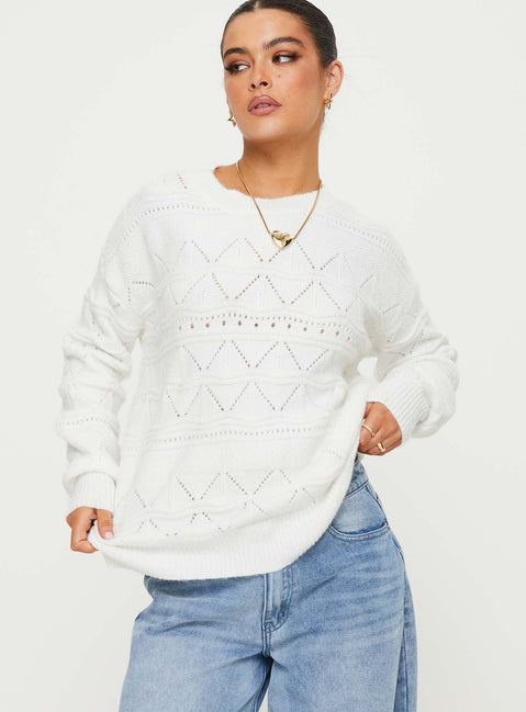 front view of model wearing Princess Polly Pierce Pointelle Sweater Cream Long 
