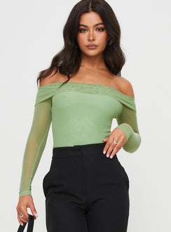 front view of model wearing Princess Polly Doza Off The Shoulder Bodysuit Green Full Sleeves straight 