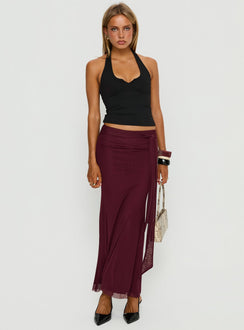   front view of model wearing Princess Polly Caviar Tie Maxi Skirt Currant Maxi Skirts 