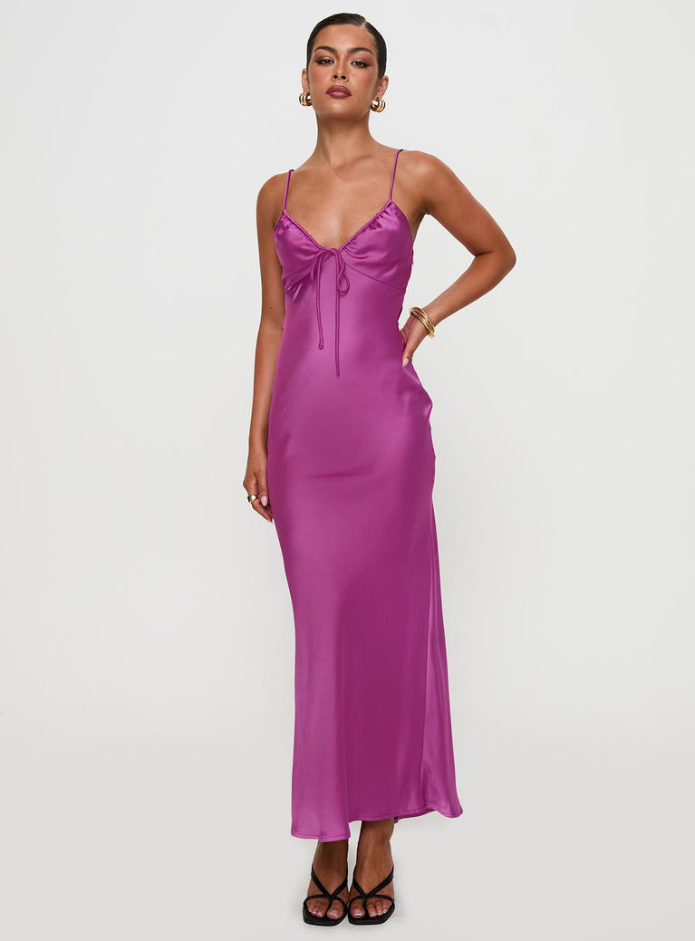 front view of model wearing Princess Polly Maguire Maxi Dress Purple Plunger 