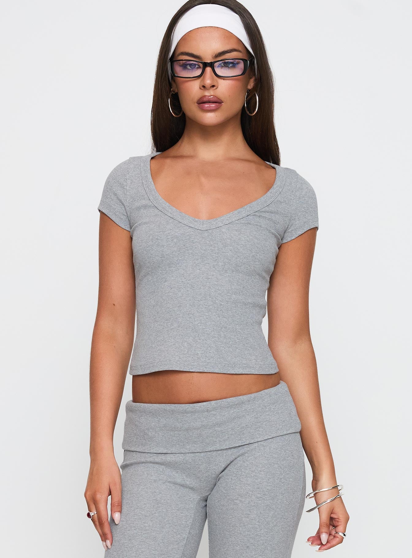 front view of model wearing Princess Polly Lovely Day V Neck Top Grey Marle Short Sleeves V-Neck 