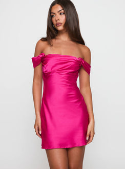side view of model wearing Princess Polly Zabbarra Off The Shoulder Mini Dress Hot Pink Straight Neck 