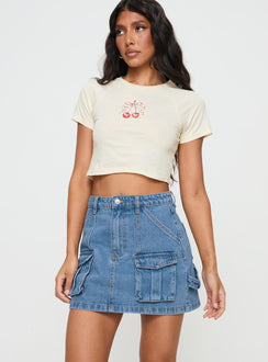   front view of model wearing Princess Polly Chillders Denim Mini Skirt Mid Wash Mini Skirts 