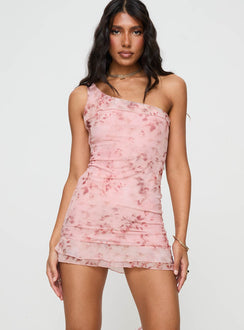 front view of model wearing Princess Polly Bramwell One Shoulder Mini Dress Pink Asymmetric Neckline 