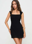 front view of model wearing Princess Polly Lanchester Mini Dress Black Petite Square Neck 