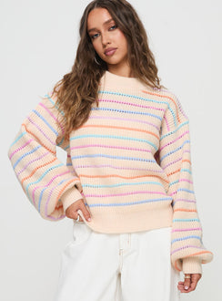 front view of model wearing Princess Polly Harmony Balloon Sleeve Knit Sweater Multi 