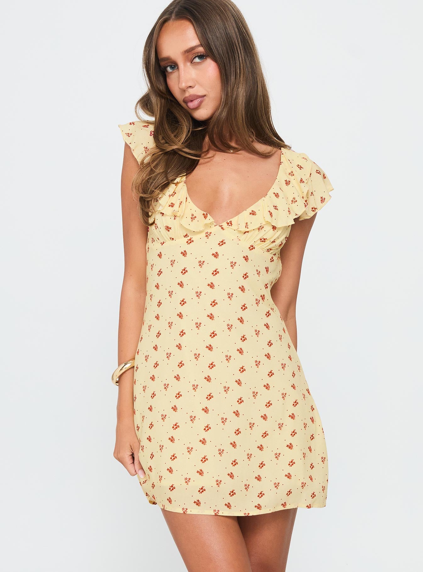 Just Me And You Frill Mini Dress Yellow Floral