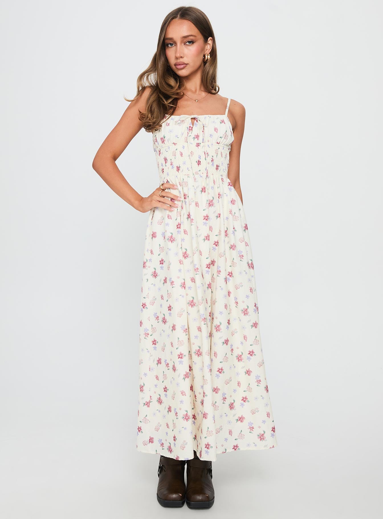 Pearle Shirred Maxi Dress White Floral