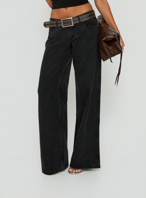 Featuring Picco Ultra Low Rise Wide Leg Jeans Washed Black in womens-jeans with belt detail product