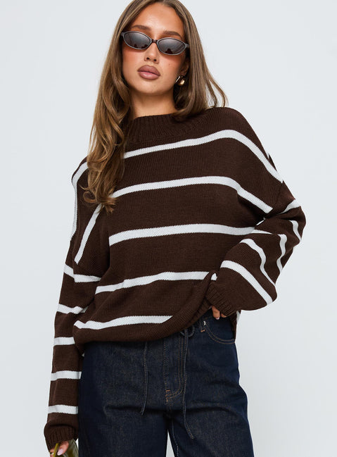 front view of model wearing Princess Polly Alara Mock Neck Knit Sweater Brown Stripe 
