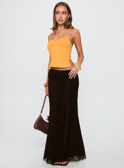 back view of model wearing Princess Polly Caviar Tie Maxi Skirt Chocolate Maxi 