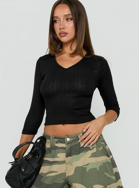 Sofelia Pointelle V Neck Top Black