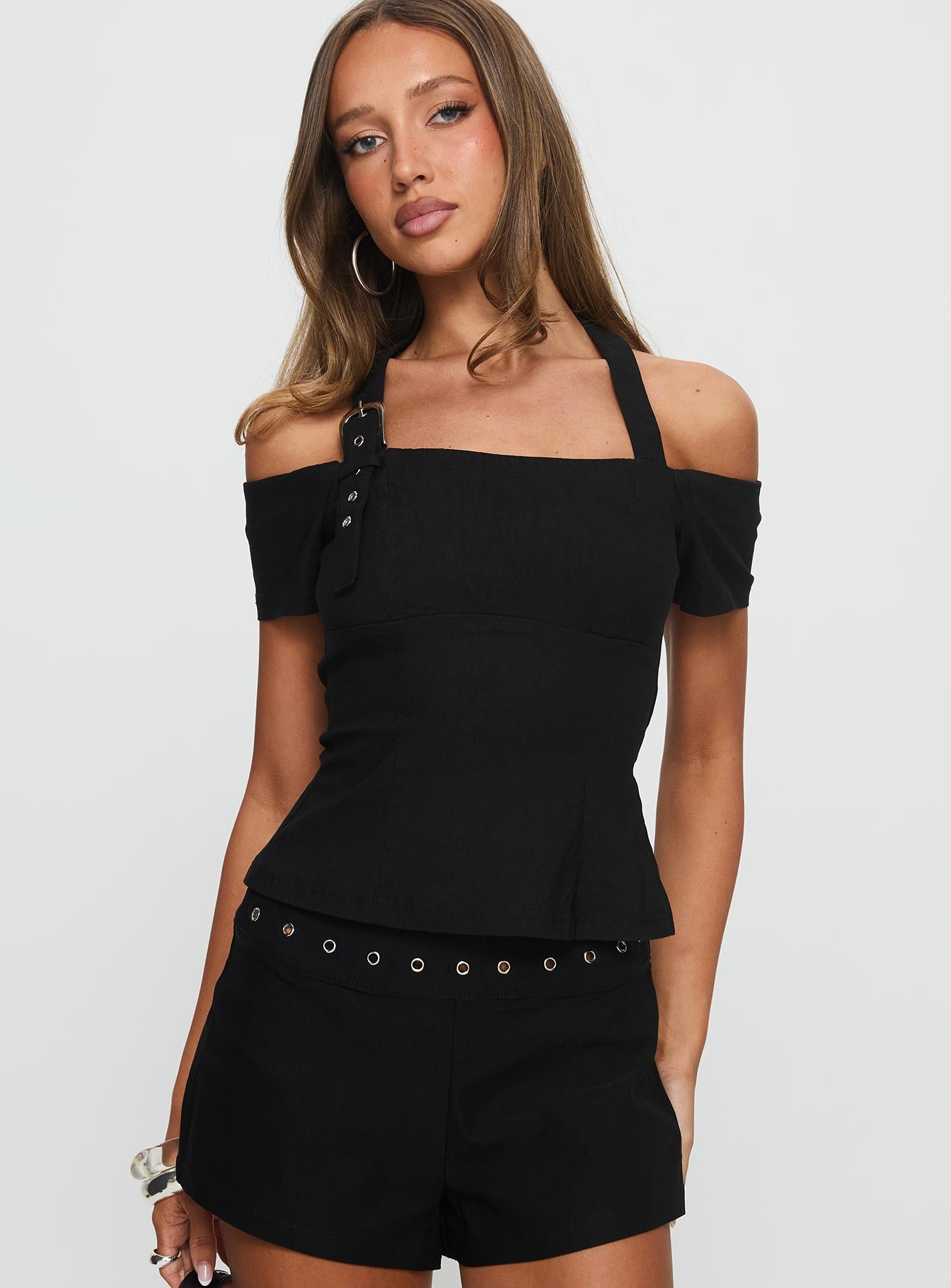 Elaini Buckle Off Shoulder Top Black