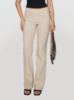 front view of model wearing Princess Polly Kinkirk Flared Pants Taupe Low Rise Pants 