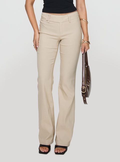 front view of model wearing Princess Polly Kinkirk Flared Pants Taupe Low Rise Pants 