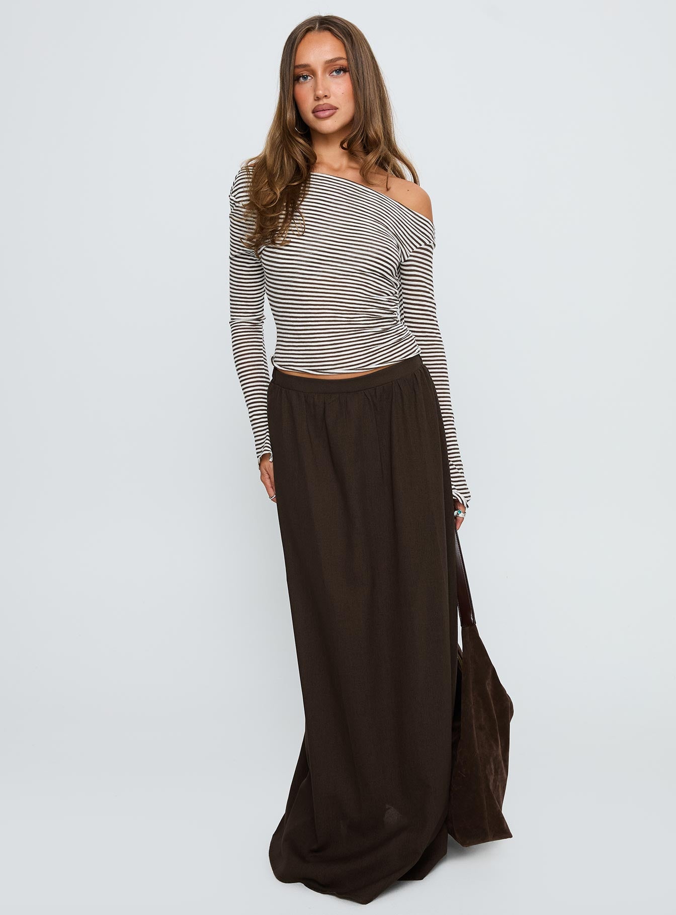  front view of model wearing Princess Polly Hallee Maxi Skirt Brown Maxi 
