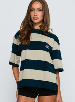 side view of model wearing Princess Polly Emerging Tee Midnight Half Sleeves Crew Neck 