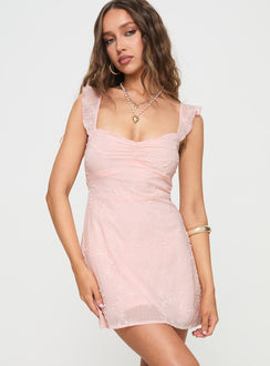 side view of model wearing Princess Polly Landon Mini Dress Pink Sweetheart Neckline 