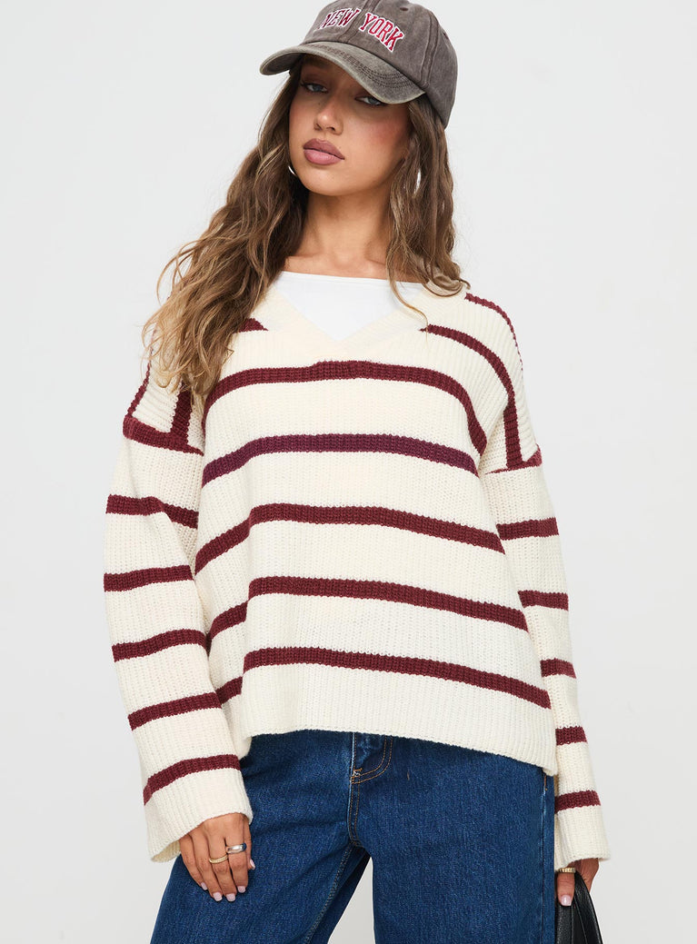 front view of model wearing Princess Polly Forte Knit Sweater Red / Cream Long 