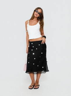  side view of model wearing Princess Polly Kessiah Sequin Midi Skirt Black Midi Skirts 