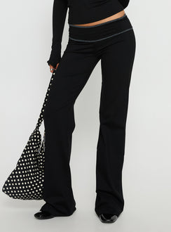 front view of model wearing Princess Polly Kobee Jersey Flare Pants Black / Grey Mid Rise Pants 