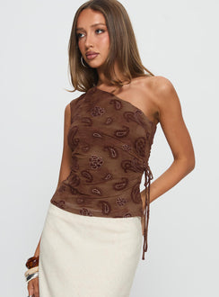 Addysin One Shoulder Top Brown Paisley