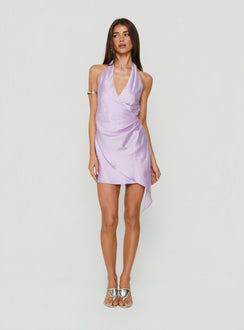 Landree Wrap Halter Satin Mini Dress Lilac