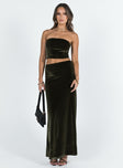 Matching set Velour material Strapless crop top Elasticated band at bust Maxi skirt Good stretch Unlined 