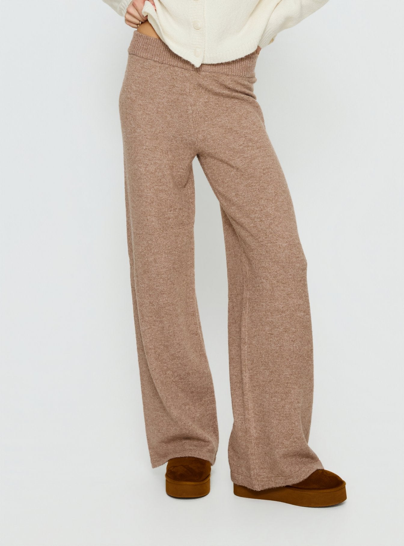 front view of model wearing Princess Polly Bekki Wide Leg Knit Pant Mocha High Rise Pants 
