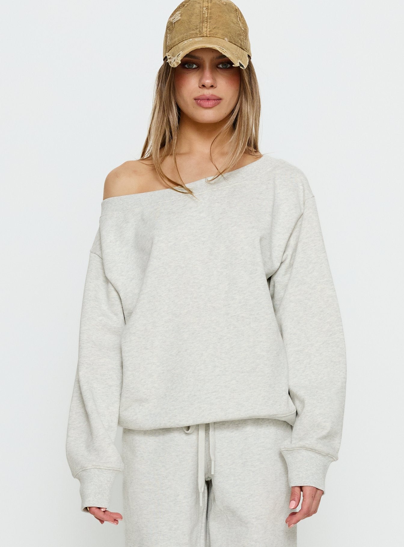 front view of model wearing Princess Polly Wellness Off the Shoulder Jumper Grey Marle 